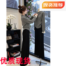 批发灰色翻领毛衣女春季韩系慵懒高级感加厚蕾丝内搭裤子套装两件套