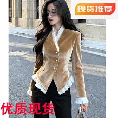 批发卡其色丝绒上衣2025冬季重要场合独特超好看气质高端收腰短上衣女
