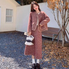 批发高级感红色毛呢小香风套装裙女2025秋冬气质羊毛外套半身裙两件套