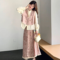 批发粉色新中式蝴蝶印花马甲套装裙女2025秋新款长袖衬衫半身裙三件套