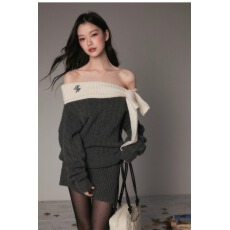 批发Moster Timnothy原创一字肩<b class='q'>蝴蝶结</b>厚款<b class='q'>连衣裙</b>氛围感针织长袖毛衣