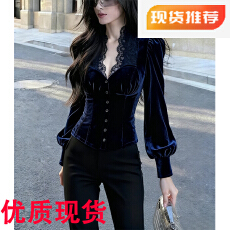 批发蓝色丝绒<b class='q'>衬衫女</b>高级感轻奢减龄洋气独特漂亮法式奢华高端上衣早秋