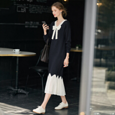 批发2025秋冬新款法式蝴蝶结V领<b class='q'>连衣裙</b>女大码时尚显瘦高级感拼接长裙