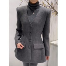 批发欧洲站沙漏腰西装毛呢外套女2025冬季简约高级感显瘦灰色呢子大衣
