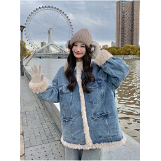 批发羊羔毛牛仔派克服外套女2025冬季新款设计感炸街加厚加绒短款棉服
