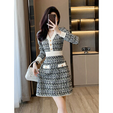 批发韩国秋冬季小香风V领针织连衣裙收腰A字裙甜美<b class='q'>通勤</b>气质显瘦打底裙