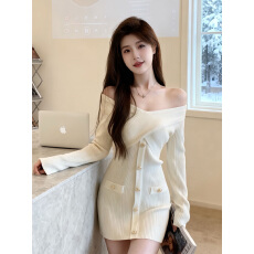 批发韩国少女感一字领露肩针织毛衣连衣裙小个子心机<b class='q'>夜店</b>风约会OL短裙