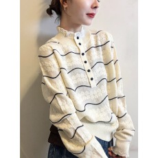 批发半开领设计感半高领长袖条纹蕾丝针织衫秋冬毛衣<b class='q'>上衣</b><b class='q'>欧根纱</b>