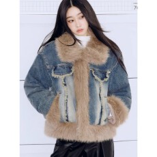 批发PUNCH原创设计毛绒拼接渐变水洗牛仔短外套秋冬女