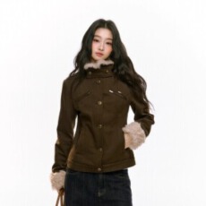 批发RedBling原创设计秋冬新款收腰显瘦棕色毛领夹克外套加厚夹棉上衣