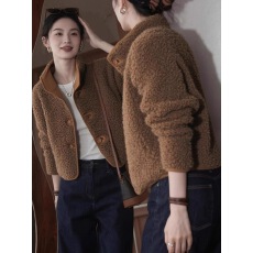批发复古通勤风羊羔毛外套女2025年秋冬新款时髦减龄咖色加厚毛呢开衫