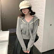 批发花边海军领绑带针织衫女秋冬韩系少女显瘦学院风修身长袖百搭上衣