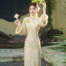 批发加绒加厚江南贵女新中式绝美年轻款倒大袖旗袍<b class='q'>冬</b>季保暖连衣裙