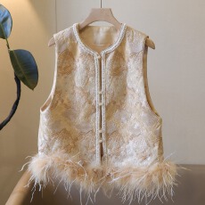 批发金羽花洋气绣花满绣闪亮钉珠鸵鸟毛上衣马甲