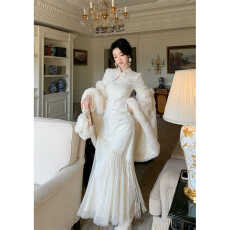 批发2025秋季气质水滴领女长袖连衣裙新中式假两件绣花旗袍中国风长裙