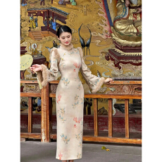 批发一尾鱼国风温柔气质喇叭袖毛毛长款改良旗袍2025新款秋<b class='q'>冬</b>长袖