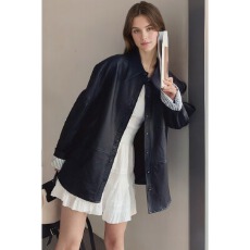 批发PU皮衣袖口拼色单排口外套中长款秋冬美式减龄宽松夹克复古风衣女