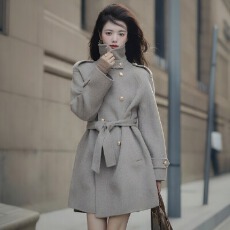 批发赫本风毛呢外套女秋冬2025新款韩版双排扣宽松加厚中长款呢子大衣