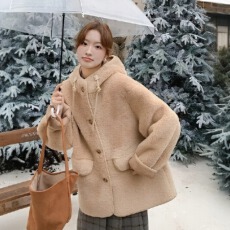 批发卡其色连帽羊羔毛外套女冬季2025新款韩系小个子皮毛一体毛绒棉服