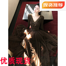 批发从一时刻木上痕清冷感假两件连衣裙V领蕾丝拼接<b class='q'>网纱</b>大摆<b class='q'>长裙</b>