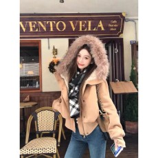 批发美拉德大毛领连帽长袖短外套<b class='q'>女装</b>冬季别致加厚保暖麂皮绒夹克上衣