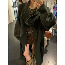 批发大翻领长款开衫外套女秋冬新款慵懒风针织衫宽松复古毛衣