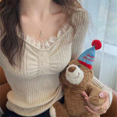 批发V领蕾丝针织打底衫<b class='q'>女款</b>内搭修身2025季新款高级感毛衣短款上衣