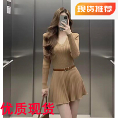 批发韩国美拉德风V领长袖针织毛衣连衣裙女秋冬气质小个子打底<b class='q'>百褶</b>裙