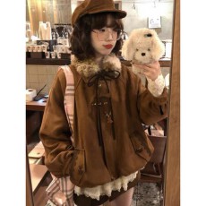 批发蝴蝶结毛领鹿皮绒棉服女冬季夹棉加厚保暖复古vintage宽松苞外套