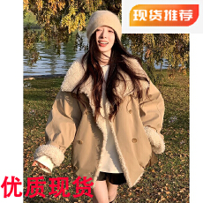 批发<b class='q'>夏</b>诗文 拼接环保仿羊羔绒绗棉派克服女冬大翻领宽松落肩工装外套