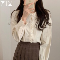 批发法式花边娃娃领衬衣女秋季新款设计感小众别致上衣杏色<b class='q'>长袖</b>衬衫仙