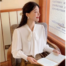批发2026春装新款蝴蝶结系带雪纺衬衫女<b class='q'>长袖</b>宽松垂感气质纯色百搭上衣
