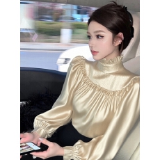 批发法式杏色高领荷叶边缎面衬衫女2025秋<b class='q'>冬</b>新款高级轻奢洋气减龄衬衣