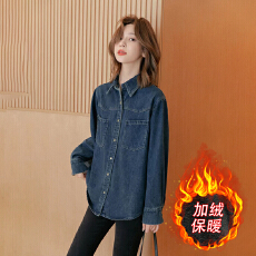 批发加绒复古牛仔衬衫女<b class='q'>冬</b>季新款小个子外穿内搭设计感上衣