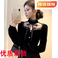 批发高端小资小上衣巨好看法式<b class='q'>气质</b>御姐轻熟收腰蕾丝拼接黑色丝绒<b class='q'>衬衫</b>