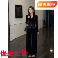 批发雾中芭蕾V领<b class='q'>丝绒</b>拼接纽扣显瘦上衣直筒加绒裤<b class='q'>套装</b>