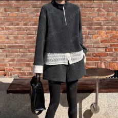 批发2025秋冬季新款时尚蕾丝拼接下摆半高领卫衣高腰<b class='q'>短裤</b>两件套