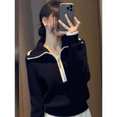 批发设计感撞色半拉链针织衫上衣女2025冬季慵懒百搭减龄长袖毛衣外穿