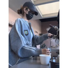 批发美式复古拉链立领开衫毛衣女秋冬慵懒风宽松外穿内搭针织外套上衣