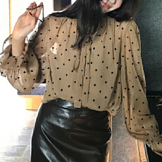 批发龍喜儿 法式优雅复古波点飘带宽松显瘦衬衫女温柔风长袖上衣