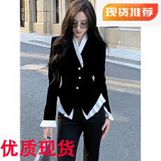 批发法式小资黑色荷叶边拼接丝绒衬衫女秋季新款时髦气质<b class='q'>轻熟</b>掐腰上衣