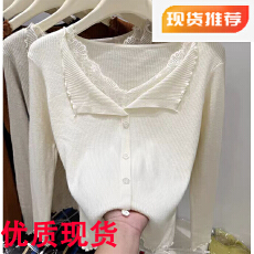 批发2025秋冬韩版甜美温柔V领<b class='q'>蕾丝</b>木耳边安迪绒针织开衫毛衣外套