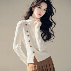 批发高级感绝美白色高领小开叉长袖毛衣针织衫女秋冬款超好看轻奢小衫