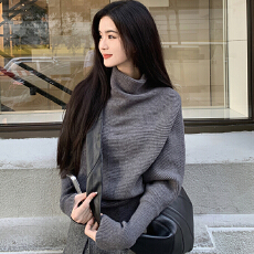 批发韩系设计感半高领蝙蝠袖套头毛衣女新款温柔风小众内搭针织衫