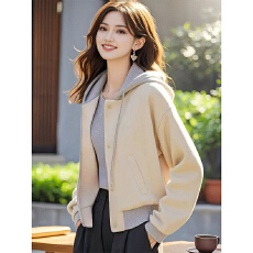 批发小香慵懒风杏色上衣女2025秋冬新款假两件拼接连帽卫衣式短款外套