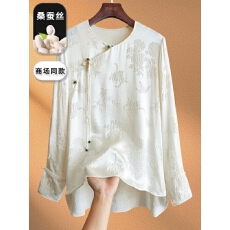 批发新中式国风<b class='q'>真丝</b>衬衫女士长袖春秋新款提花斜襟盘扣醋酸缎面上衣