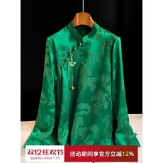 批发绿色重磅<b class='q'>真丝</b>国风衬衫女春夏新款复古盘扣气质桑蚕丝长袖上衣衬衣