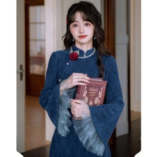 批发蓝瓷复古蓝色改良旗袍连衣裙2025秋冬新款网纱拼接长裙