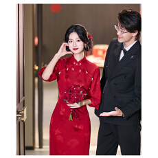批发酒红色旗袍订婚结婚新娘敬酒服长袖2025新款新中式回门宴礼服
