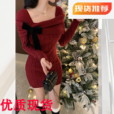 批发韩国圣诞新年红色战袍<b class='q'>OL</b>高级感蝴蝶结针织毛衣连衣裙女秋冬小个子